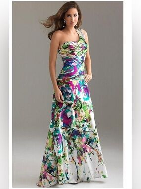 Night Moves One-Shoulder Multicolor Splash Print Gown sz 4